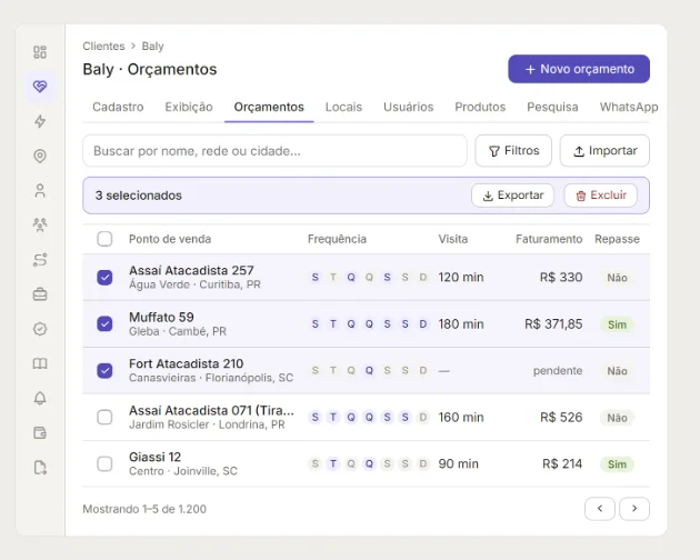 Tela de orçamentos do cliente, com busca, seleção múltipla e tabela de locais